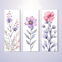 set of flower illustrations. Spring and summer backgrounds. Flowers, leaves , branches . Watercolor background, pastel colors.