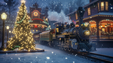 Christmas polar express arriving at station during Christmas snowy night with decorated Christmas tree
