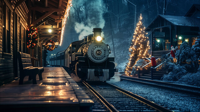 Christmas polar express arriving at station during Christmas snowy night with decorated Christmas tree