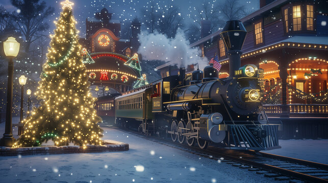 Christmas polar express arriving at station during Christmas snowy night with decorated Christmas tree