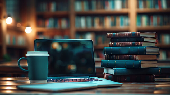 back to school vibes: a blue laptop, stack of textbooks, and coffee cup on a desk in a university lecture hall, showing campus life in action