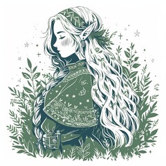 Elf healer with herbs flat design side view natural medicine theme cartoon drawing Black and white,