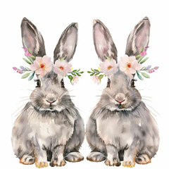 watercolor cute  easter bunny rabbit wearing flower crown isolated on white background