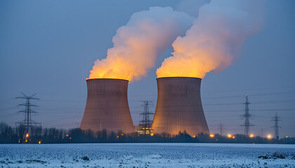 Nuclear power plant cooling towers emit vapor into the sky