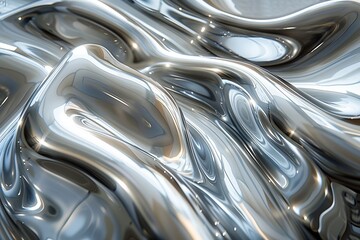 An abstract image highlighting reflective fluid silver waves and ripples creating a captivating texture