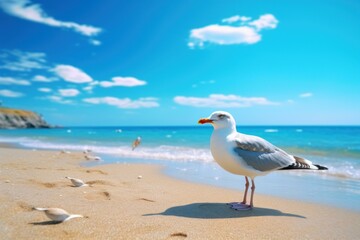 Single seagull stands on a sandy beach with blue skies overhead and a person in the background