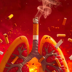 This illustration shows lungs affected by cigarettes and their toxic influence in a fiery environment as a warning against tobacco use.