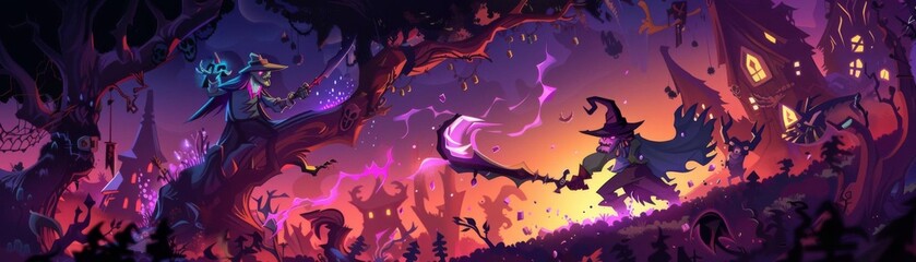 A witch and a wizard are having a magical duel in a forest