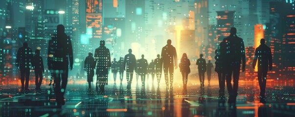 a group of people walking in a dark futuristic city street