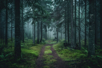 Fototapeta premium Green Dark Forest Path, Pine Trees Woods Landscape, Nature, Environment