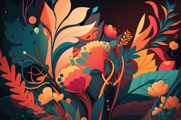 Floral design pattern on a dark background. Leaves and petals nature beauty