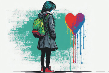 Sad emo school girl with backpack. Broken heart vibes. Teenage hardships