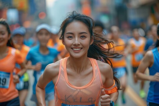A focused Asian female runner competes in a marathon, surrounded by fellow athletes in a colorful, dynamic city environment