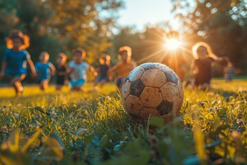 An old worn soccer ball sits in the grass with children playing in the background, golden hour...