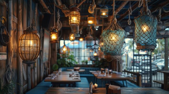 nautical restaurant decor, in a seafood restaurant, rustic fishing nets and buoys hanging from the ceiling create a maritime atmosphere for diners to enjoy
