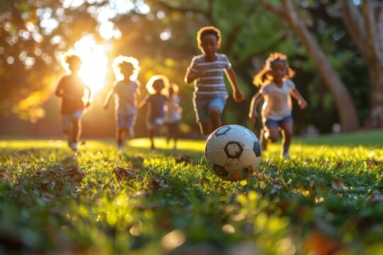 A soft-focus shot of a soccer ball with kids playing in the background during a vibrant sunset
