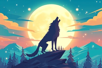 Werewolf howling at full moon flat design top view midnight call theme animation Triadic Color Scheme,