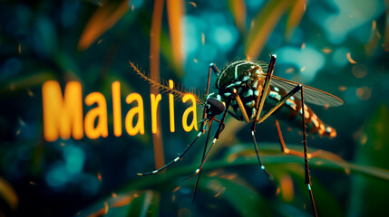 Close-up of a mosquito on foliage with the word 'Malaria' highlighted, illustrating the disease concept.