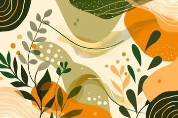 Modern abstract botanical illustration with flowing curves and organic shapes in earth tones.