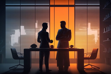 Fototapeta na wymiar Informal business meeting. Men in suits talking at table in dark interior. Relaxed communication.