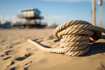 Close-up of a thick rope coiled on a beach with soft focus pier and blue sky in the distance