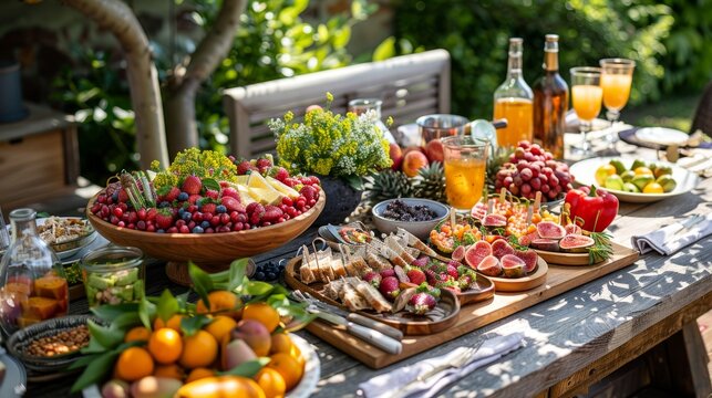 summer outdoor picnic, a summer feast outdoors, featuring fresh fruits and cold drinks on a wooden table, ideal for a sunny backyard gathering