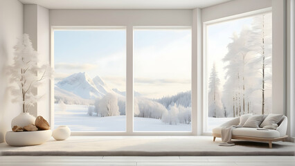 A serene room with a stunning mountain view through large windows, featuring a minimalist chair and...