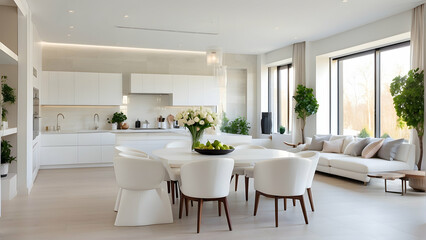 Crisp white open-plan living and dining space with large windows, that provide ample natural light and a feel of openness