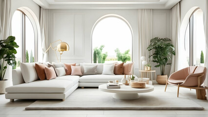 Fototapeta premium Elegantly furnished modern living room with natural light filtering through arched windows