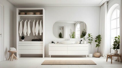 Fototapeta premium A spacious modern bathroom with double sink, mirror, housed plants, and minimalist decor Reflects contemporary living