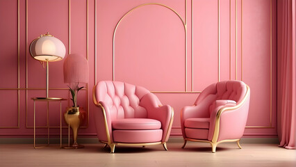 An opulent pink-themed living room featuring stylish armchairs, golden accents, and elegant lighting for a royal feel