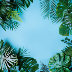 tropical leaves frame background with copy space top view