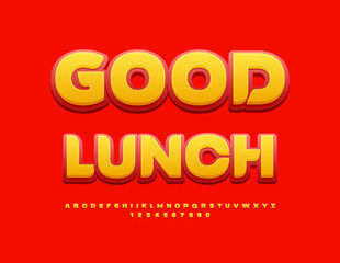 Vector advertising poster Good Lunch. Yellow and Red bright Font. Creative Alphabet Letters and Numbers set.