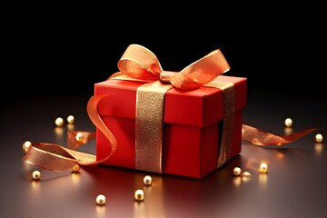Red gift boxes and ribbons with blurred Silk background Ai generated
