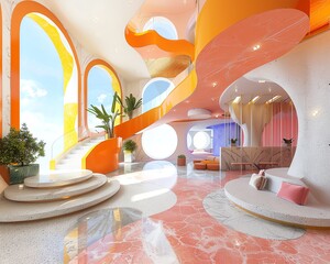 3D visualization of a fashionforward building interior, featuring imaginative and vibrant design elements