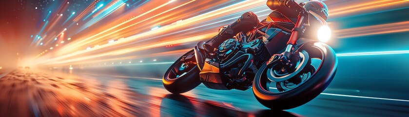 Dynamic 3D motorcycle racing through a vibrant, futuristic landscape, styled with magical realism