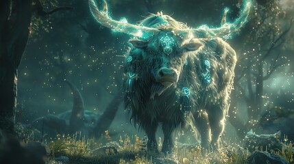 Majestic bull, adorned with luminous runes, standing in a magical forest, 3D rendered for fantasy lovers