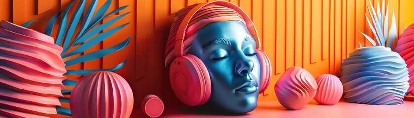 Modern sculpture paired with a smartphone and headphones, vibrant colors with a 3D effect
