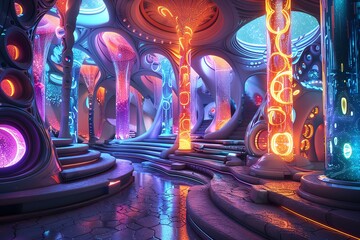 Stylish futuristic tools, blending seamlessly with magic in a vibrant, imaginative 3D setting