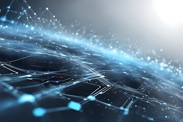 Obraz premium Abstract technology background with a network grid and particles connected. Sci-fi digital technology with line connect network and data graphic background.