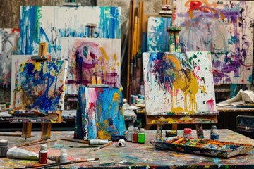 Obraz premium A painting studio with a variety of colorful paintings on the walls