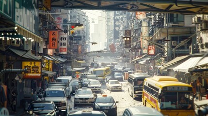 A busy city street with a lot of traffic and many signs