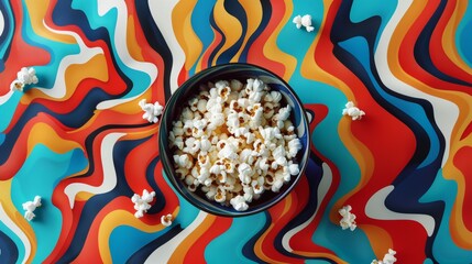 Bold and colorful poster design with a spinning bowl of popcorn