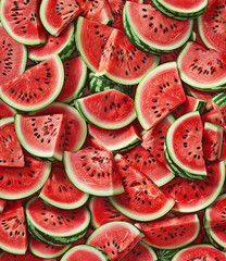 
A pile of fresh watermelon slices, with vibrant red and green colors. The background is filled with a pattern of smaller slice cutout designs, creating an eye-catching composition.