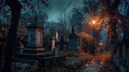 cemetery at night with dim lights.AI generated image