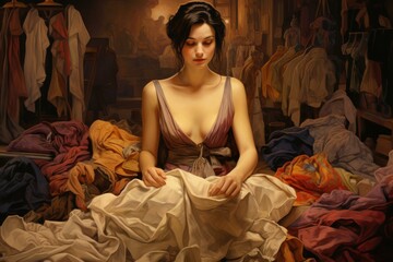 Classic painting style image of a woman surrounded by colorful textiles