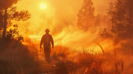 Firefighter emerges from the fiery depths of a forest, bathed in an otherworldly glow.