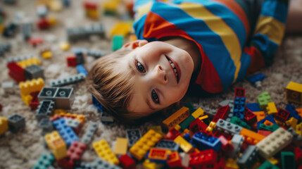 Child with a joyous smile amidst a colorful sea of toy building blocks.