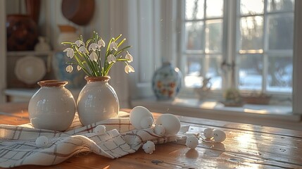   A wooden table topped with three white vases holding flowers and an egg resting on a cloth