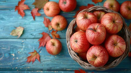   A red apple basket sits atop a blue wooden table, surrounded by fall foliage